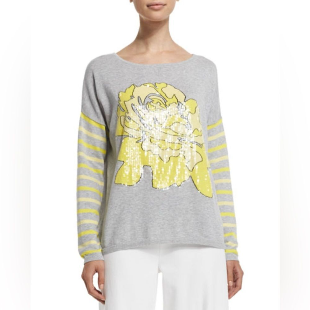 Joan Vass Rose Striped Cotton Sweater Grey Yellow Women’s Size 2X